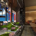 Natural Restaurant Interior With Lotus Flowers Lily Pads Water Feature And Wooden Benches