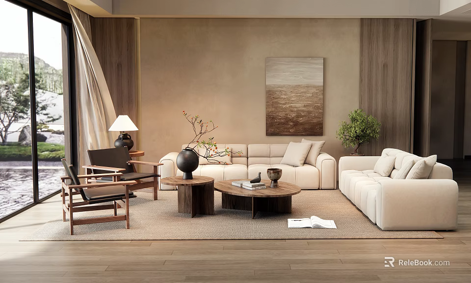 Modern Living Room Interior With Beige Sofa Wooden Coffee Table And Decorative Painting 3d model 