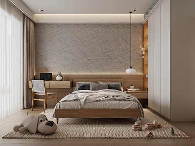 Modern Bedroom Interior Design With Wooden Bed Textured Wallpaper Bedside Lamp Rug And Desk Chair 3d model