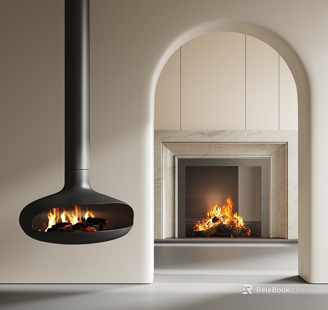 Elegant Modern Home Interior With Hanging And Built In Fireplaces 3d model 