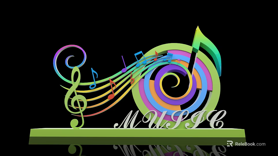 Colorful Musical Notes Design with Spiral Patterns and Music Text Elements 3d model 