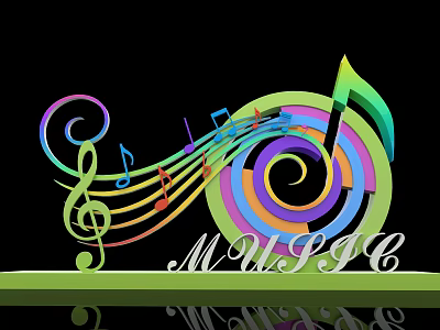 Colorful Musical Notes Design with Spiral Patterns and Music Text Elements 3d model