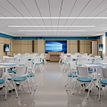 Modern Conference Room With White Tables Blue Chairs Multiple Screens And Wooden Cabinets