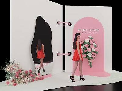 Spring Themed Photo Check In Spot With Red Dress Woman Flower Bouquet And Mirror Decorations 3d model