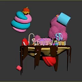 Colorful Commercial Food Service Equipment With Pink Blue Cups And Chocolate Drizzle On Table