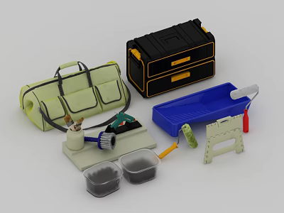 Assorted Hardware Tools With Tool Bags Boxes Brushes Shovels And Containers 3d model
