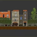 Miniature Model Scene With Orange House Beige Building Tables Chairs Tree And Street Lamps