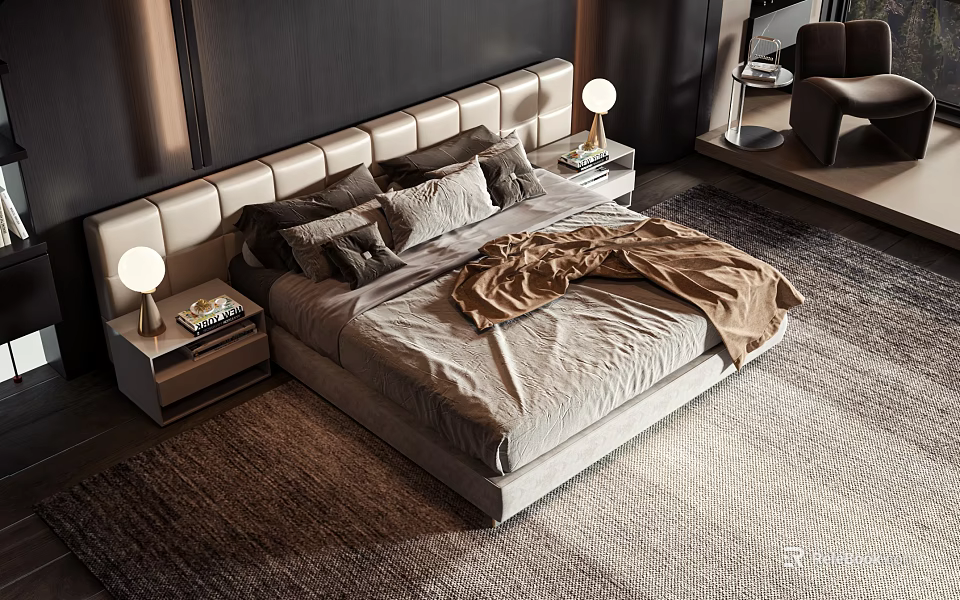 Modern Double Bed with Upholstered Headboard Gray Beige Bedding Brown Blanket and Bedside Table Lamps 3d model 