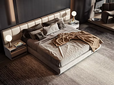 Modern Double Bed with Upholstered Headboard Gray Beige Bedding Brown Blanket and Bedside Table Lamps 3d model