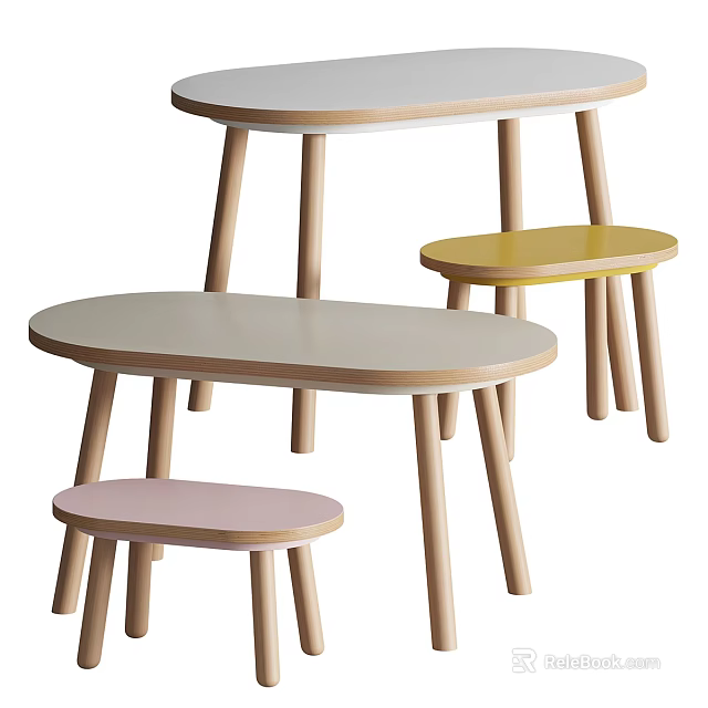 Modern Simple Kids Table With Pastel Colored Stools And Wooden Legs 3d model 