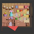Cartoon Cozy Scene With Pink Shelves Colorful Items Table Stools Red Rug And Warm Light