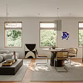 Modern Minimalist Dining Room with Round Dining Table Pendant Lights Chairs and Wooden Cabinet