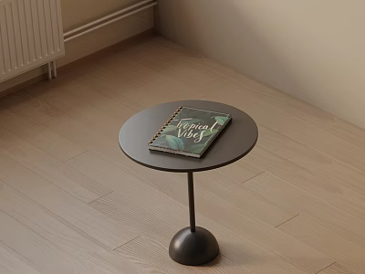Modern Minimalist Black Round Side Table With Ball Base And Green Notebook On Top 3d model