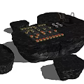 Black Rock Irregular Shape Tea Table With Matching Stools And Tea Set Small Cups 3d model