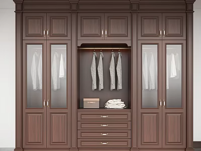 Dark Brown Wooden Wardrobe Interior With Glass Doors Clothing Rod And Drawers 3d model
