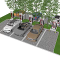 Electric Vehicle Charging Station With Cars Charging In Parking Spots And Trees