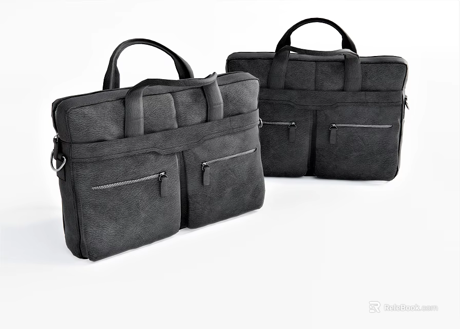 Two Black Leather Briefcases With Handle And Zipper Pockets Design 3d model 
