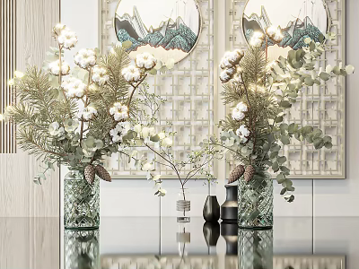 Glass Vases with Cotton Flowers Eucalyptus Leaves Pine Cones and Lights for Indoor Decoration 3d model