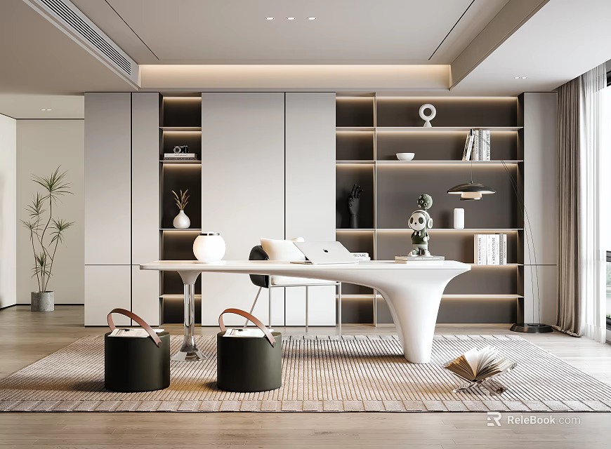 Modern Study Room Interior Design With White Desk Bookshelves And Decorative Plant 3d model 