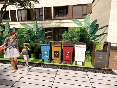 Pedestrians Near Colored Waste Bins With Green Plants And Building Exterior 3d model