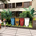 Pedestrians Near Colored Waste Bins With Green Plants And Building Exterior