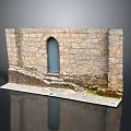 Stone Wall Architectural Model With Arched Blue Door And Mossy Base On Black Reflective Surface