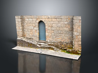 Stone Wall Architectural Model With Arched Blue Door And Mossy Base On Black Reflective Surface 3d model