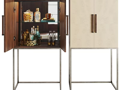 Elegant Modern Wine Cabinet With Open Glass Doors Wooden Frames Beige Panels And Wine Accessories 3d model