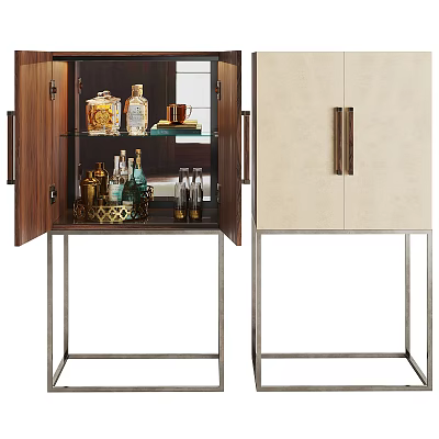 Elegant Modern Wine Cabinet With Open Glass Doors Wooden Frames Beige Panels And Wine Accessories 3d model