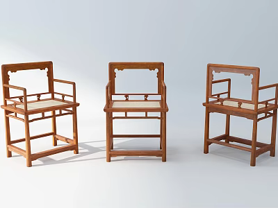 Traditional Chinese Wooden Armchairs With Frame Back Armrests And Light Seats 3d model