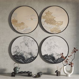 New Chinese Style Round Frame Painting Hanging Painting Decorative Painting 3d model