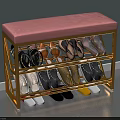 Pink Cushioned Sofa Bench with Gold Metal Frame and Multi Tier Shoe Storage Organizer