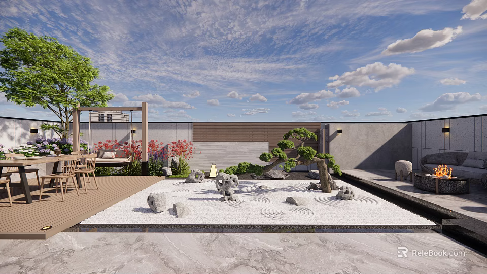 Courtyard Garden With Wooden Deck Chairs Red Flowers Shaped Pine And Zen Rock Sand Patterns 3d model 