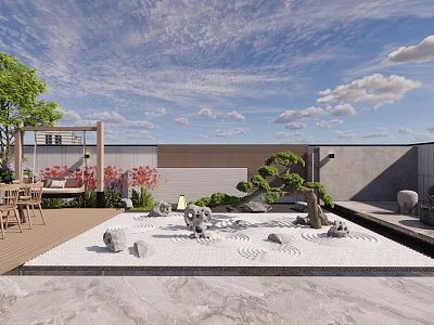 Courtyard Garden With Wooden Deck Chairs Red Flowers Shaped Pine And Zen Rock Sand Patterns 3d model