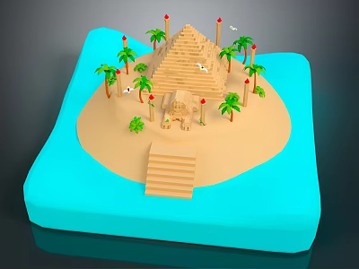 Tropical Island Scene With Pyramid Palm Trees Steps And Blue Water 3d model