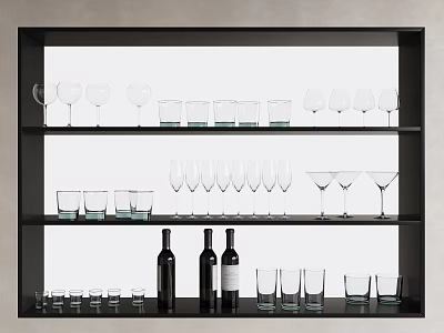 Stylish Display of Wine Bottles and Wine Glasses on Black Multi Shelf with Various Glassware 3d model