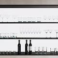 Stylish Display of Wine Bottles and Wine Glasses on Black Multi Shelf with Various Glassware