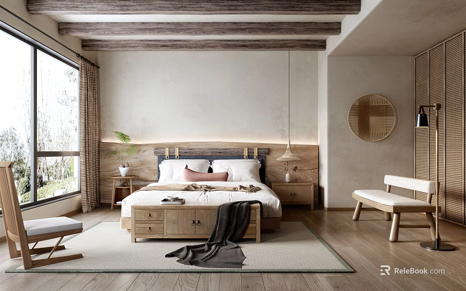 Cozy Bedroom Interior With Wooden Ceiling Beams Large Window And Round Mirror 3d model 