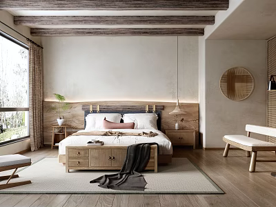 Cozy Bedroom Interior With Wooden Ceiling Beams Large Window And Round Mirror 3d model