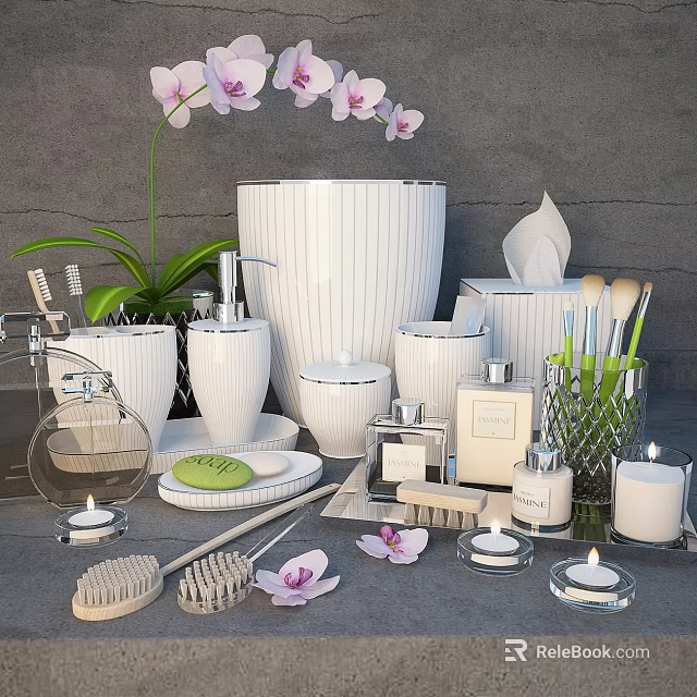 Elegant White Bathroom Accessories Including Soap Dish Toothbrush Holder Candles Orchid Decor for Modern Bathroom 3d model 