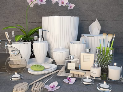 Elegant White Bathroom Accessories Including Soap Dish Toothbrush Holder Candles Orchid Decor for Modern Bathroom 3d model