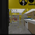 Bright Yellow Retail Store Interior With Shelves Full Of Goods And Checkout Counter