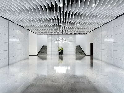 Modern Reception Area with White Walls Wavy Ceiling Marble Floor Stairs and Green Plants 3d model