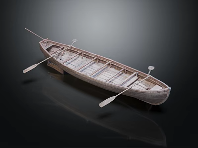 Wooden Boat With Paddles On Reflective Surface And Dark Background 3d model