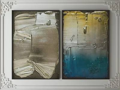 Abstract Paintings With Silver White Yellow Blue Gradient Textured Brushstrokes In Chinese Pattern Frames 3d model