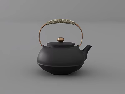 Modern Black Teapot with Wicker Handle and Copper Accents for Tea Ceremony 3d model