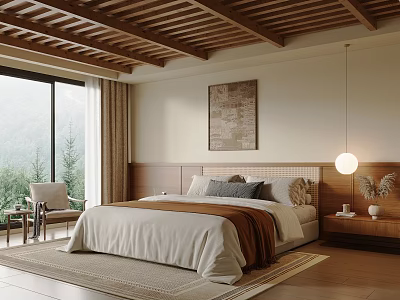 Cozy Bedroom With Wooden Sloped Ceiling Large Window Mountain View Neutral Bedding And Textured Rug 3d model