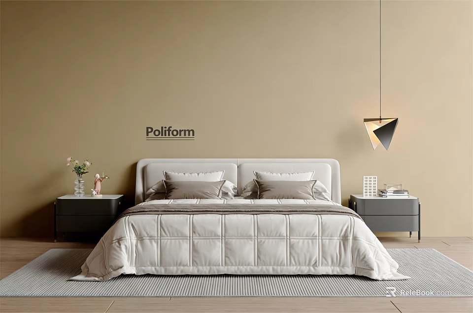 Poliform Double Bed With Beige Wall Headboard Quilt And Nightstands With Decor 3d model 