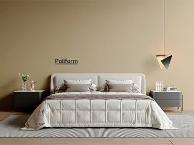 Poliform Double Bed With Beige Wall Headboard Quilt And Nightstands With Decor 3d model