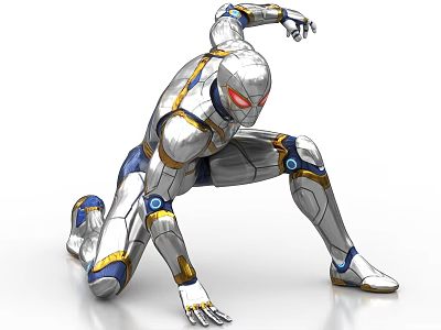Futuristic Silver Blue Mechanical Humanoid Game Movie Character With Red Eyes And Kneeling Stance 3d model
